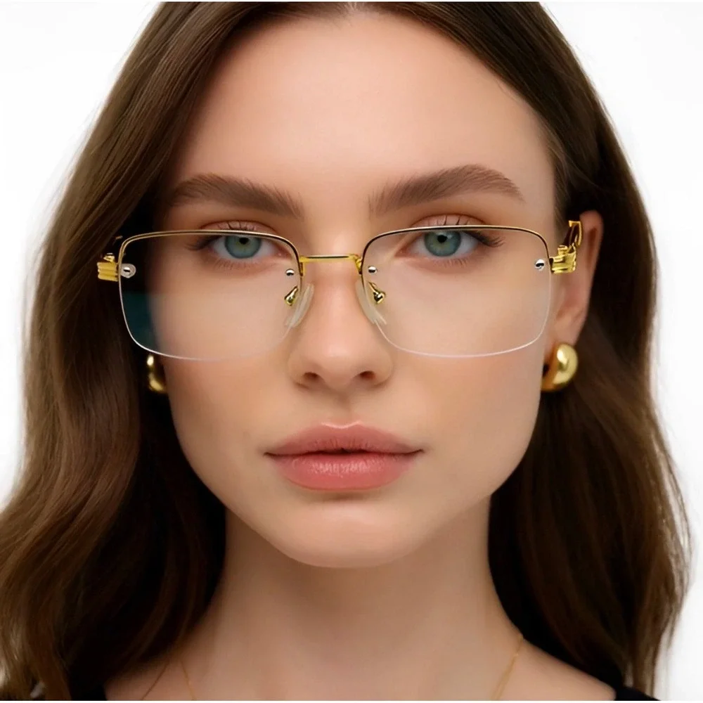 Women Rimless Gold Frame Eyewear Hip Hop Square Clear Lens Retro Fashion Glasses